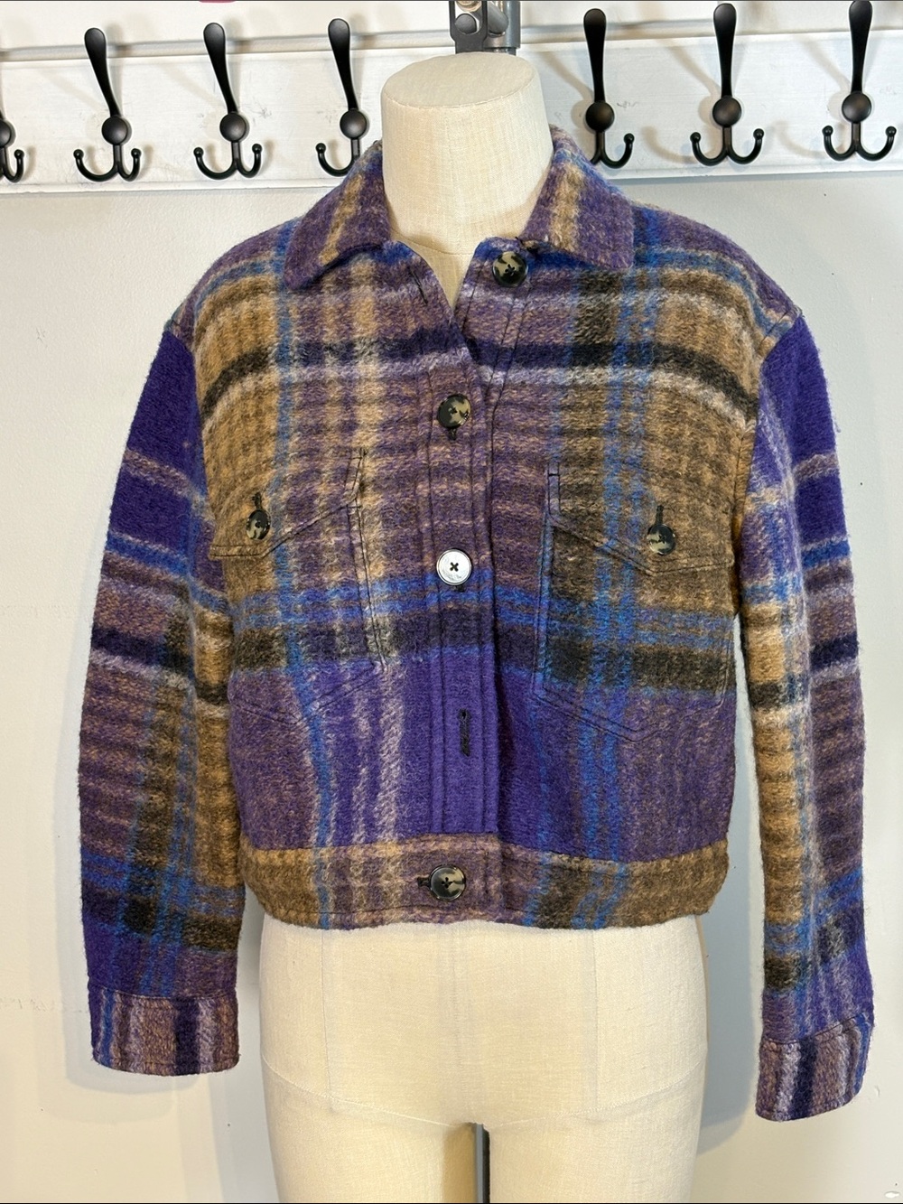 Wilfred Ganna Plaid Cropped Shirt Jacket in Purple and Brown Size XS